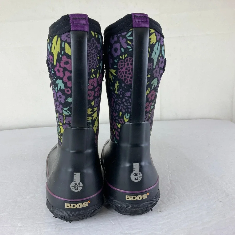 Bogs Rain Snow Boots Girls 11 Black Purple Floral Waterproof‎ Insulated Winter